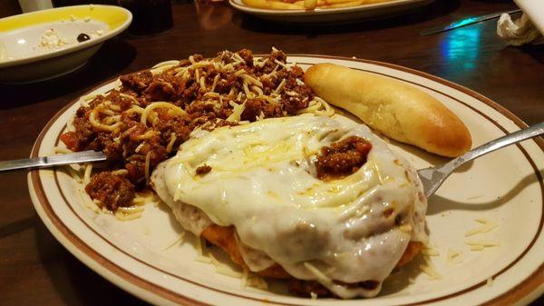 Chicken parmesan made with Mike's rich meat sauce.