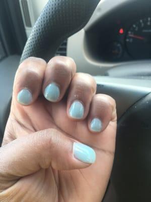 Clear tips on this polish. It's SNS dip powder so being clear is completely her fault! Manicure is all of 3.5 minutes old!