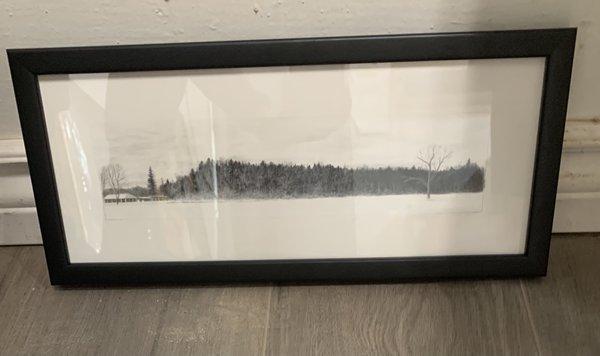 gorgeous landscape drawing with regular glass and a classic black frame.