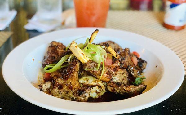 Jerk Lamb with Garlic Hash and Cherry Tomatoes