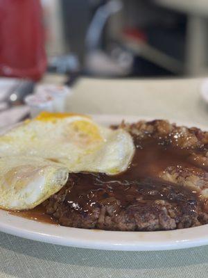 Sailsbury steak and eggs.