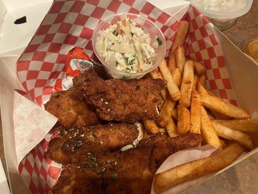 Regular 5 pc Chicken Tenders and spicy fries. So good!