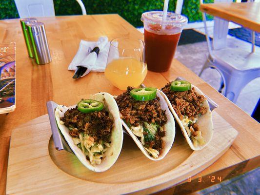 Vegan Jerk Tacos, beer ginger juice!