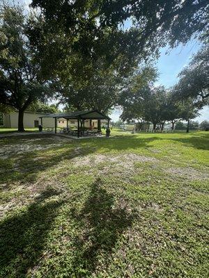 Covered picnic tables.