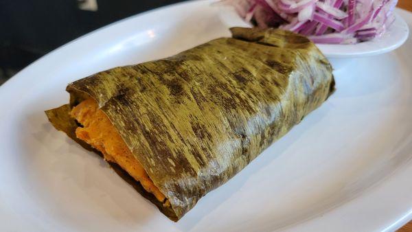 The tamales are steamed in banana leaves, leaving them so moist and delectable.