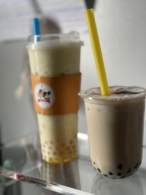 Coconut pineapple slush with mango pop boba, and coconut bubble tea.