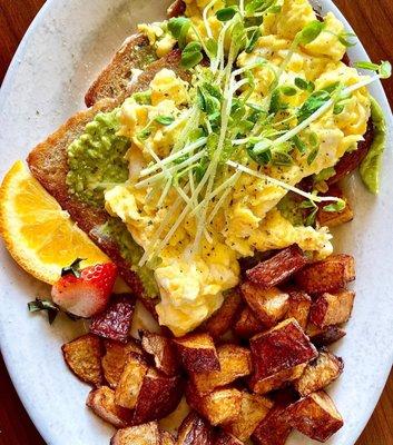 Avocado toast with scrambled eggs