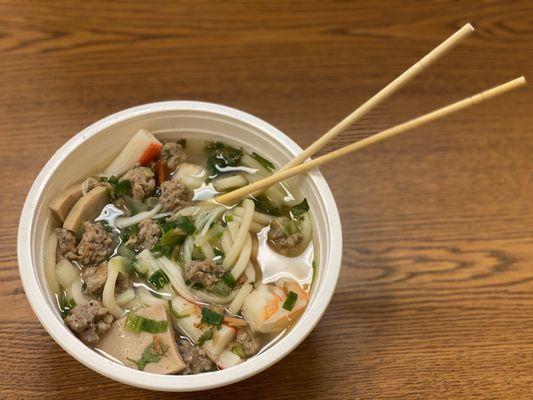 Udon Noodle Soup. Tasty filling and has a variety of elements included.