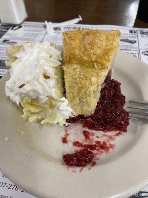 Coconut cream pie and raspberry pie