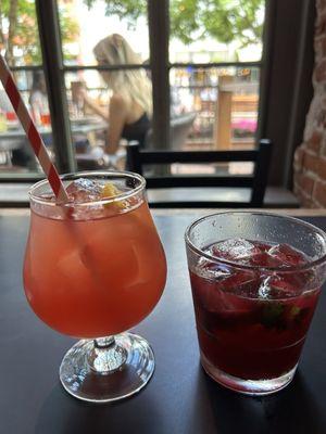 Pink Sangria (grapefruit, vodka, elderflower) on the left & Patio Crusher (bourbon, blueberry, licor 43, lemon, mint)