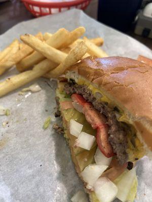 Double cheeseburger with weenies basket