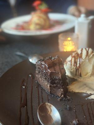 Chocolate cake and ice cream