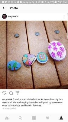 Some of the painted rocks we found in Kandle Park from members of the Tacoma ROCKS movement. Keep or rehide, post a picture to Facebook.