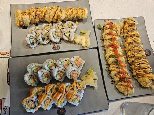 Spicy Salmon roll, OR roll, eel roll no avocado & Vegas roll no avocado, mega roll & Vegas no cream cheese.