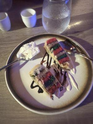 Rainbow cookie spring roll with cannoli dip