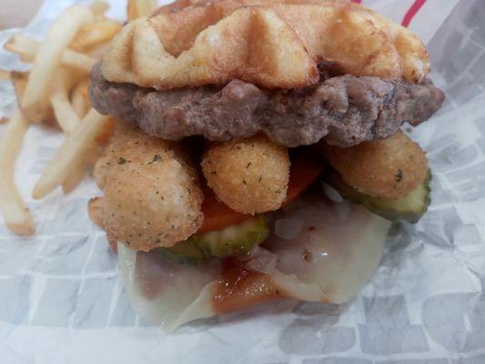 Waffle bunn Hamburger Mozzarella sticks Provolone cheese- pickles - diced onions - tomatoes