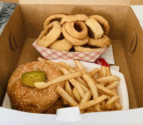 Fried Chicken Filet Sandwich with a side of delicious onion rings