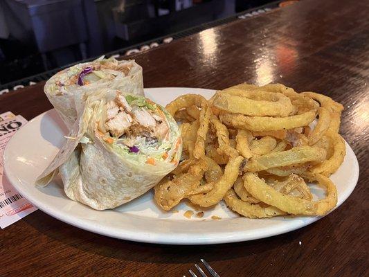 Chicken Caesar wrap with onion rings