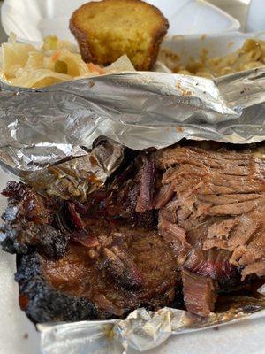 BBQ Brisket with mac n' cheese and stir fried cabbage and cornbread!