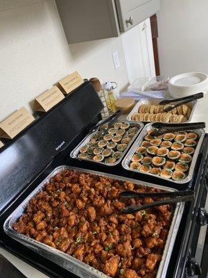 Popcorn chicken, kimchi gimbap, Bulgogi gimbap, vegggie dumpling