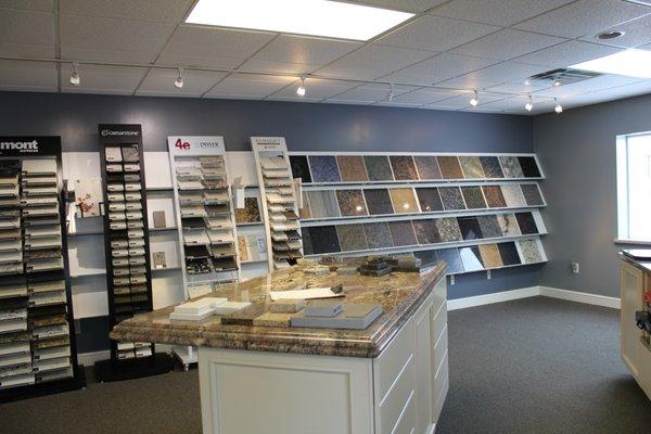 Stop into our showroom to check out our granite, quartz and solid surface samples.