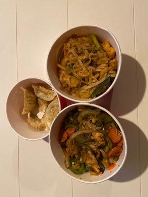 Pad Thai, dumplings, and pad prig pao