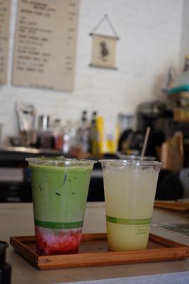 Strawberry matcha (7/10) Yuzu drink (8/10)