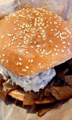 Farmburger with white cheddar, caramelized onion and "secret" sauce. yummm