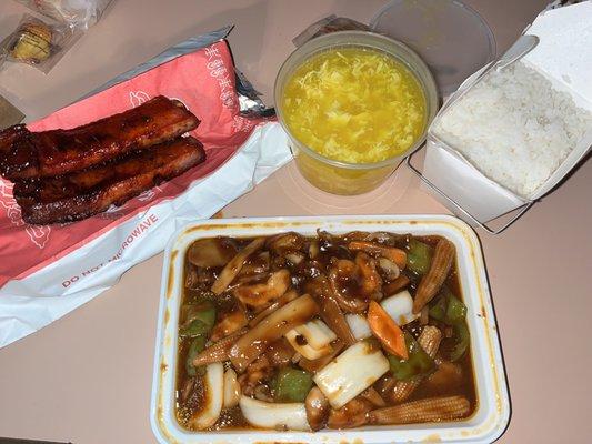 BBQ ribs, shrimp in garlic sauce, white rice and egg drop soup