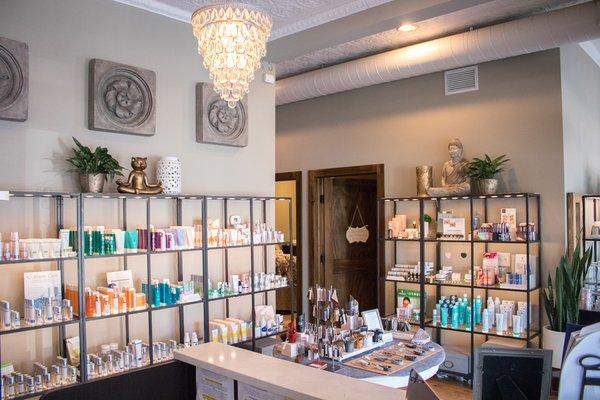 Retail area featuring Image, Rhonda Allison and Hylunia skin care.