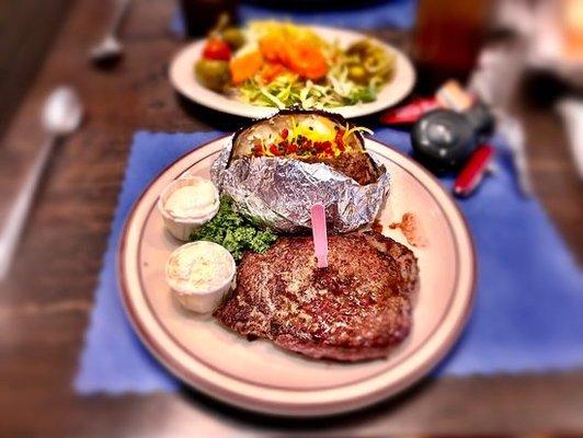 6oz sirloin with a loaded baked potato and a self made salad from the salad bar!