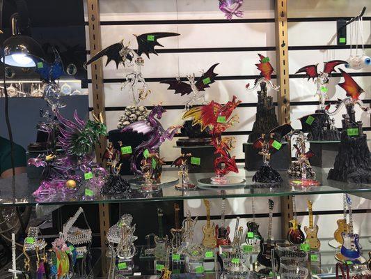 Glass blown dragons and musical instruments