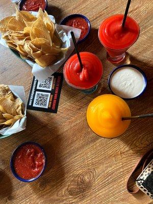 Complimentary Chips and Salsa pairs great with house-made Ranch and of course, Frozen Margaritas!