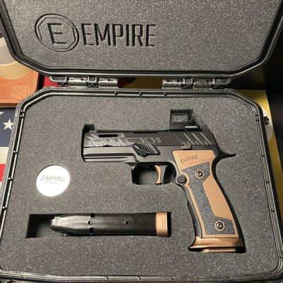 EMPIRE P320 carry (tano) Sig AXG w/Holosun EPS, Agency Arms barrel, GoGun Gas Pedal and Apex +10% trigger return spring. Custom EMPIRE case!