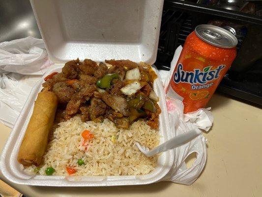 Fried rice, mushroom chicken and black pepper chicken, an egg roll and a canned soda.