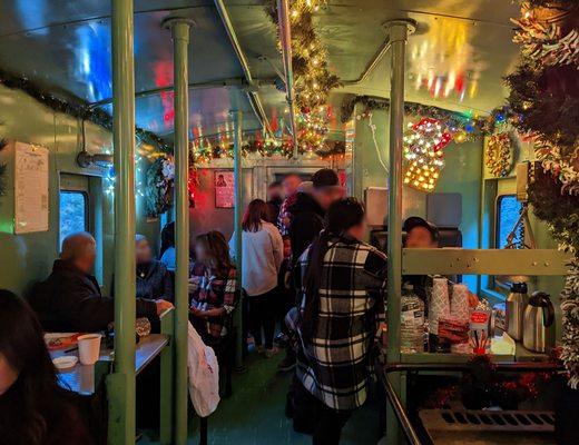 Interior of caboose, train of lights