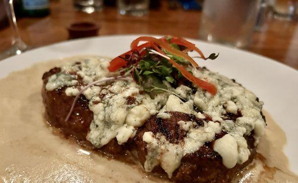 Rib eye with blue cheese and mustard sauce. Interesting