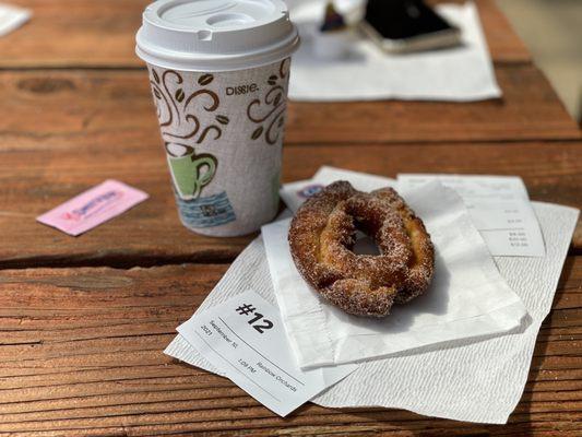 Apple cider donut and a coffee! So good. Hits the spot!