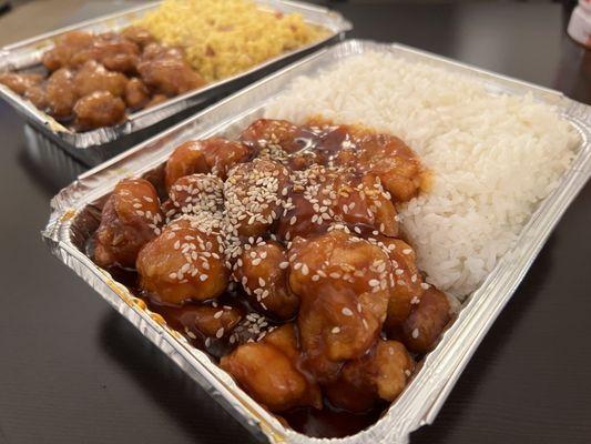 Sesame chicken combo with white rice. Egg roll not pictured