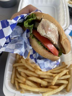 Ahi burger with fries