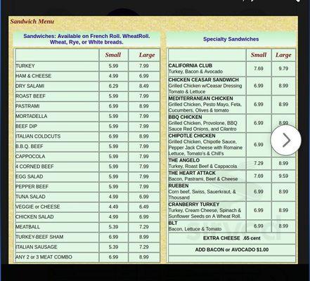 Sandwiches menu