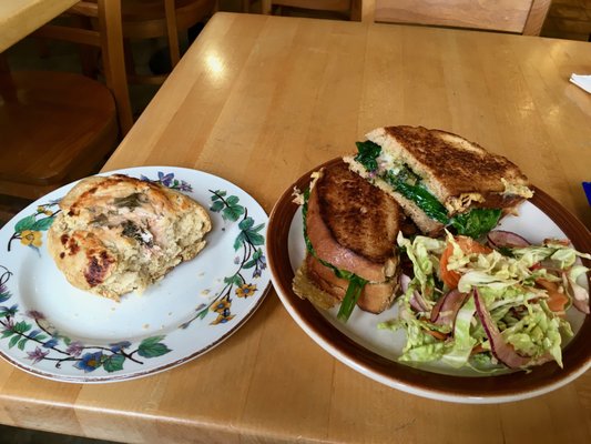 Cheese and greens biscuit, pesto veggie sandwich with a fresh, delicious side salad-all wonderful!