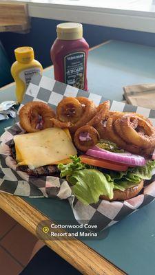 Cheeseburger and onion rings