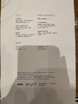 Dessert menu