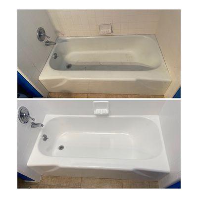 Before and after of refinished tub and tile in Moreno Valley, Ca.