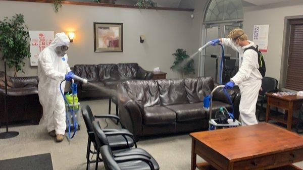 We will use electrostatic sprayers to apply longterm surface protection against Mold Mildew and Odor Causing Bacteria.