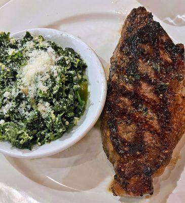 12-oz New York Strip and Italian spinach.