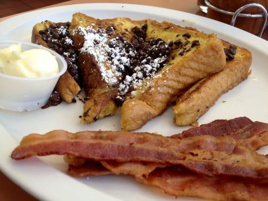 Chocolate chip French toast and bacon