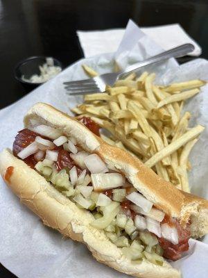 Hotdog with catsup, onions, chopped pickles and fries