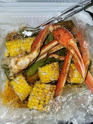 Steamed crab legs, corn & okra